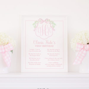 Watercolor Pink Crest &#39;My First Year&#39; Sign | 16x20 | Pink Monogram Crest with Bow | Watercolor Crest 1st Birthday | First Birthday  | 1054