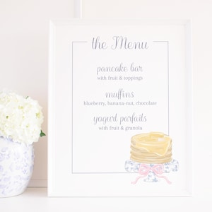 Pfannkuchen und Pyjamas Menü-Zeichen | 8x10 oder 16x20 | Pfannkuchen und Pyjamas Geburtstag | Aquarell Rosa Schleife | Chinoiserie | Kuchenteller |  1019