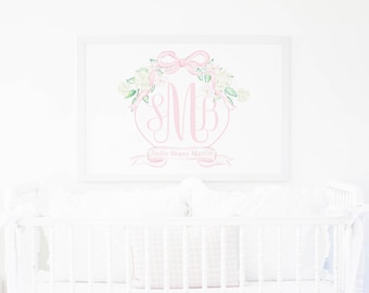Aquarell Monogramm Wappen Kunstwerk | 24x36cm | Rosa Floral & Schleife | Bearbeitbar Druckbar | Aquarell rosa Wappen Druck | Mädchen Kunst | 5015