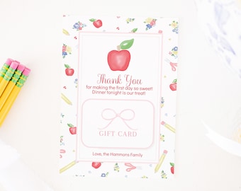Dinner for Teacher 1st Day of School Gift Card Holder | Printable | Teacher First Day of School Gift | Watercolor | Treat Gift Tag |  1055