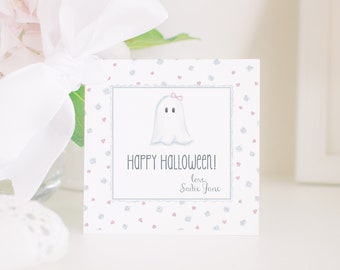 Ghost with Bow Floral Halloween Treat or Gift Tag | Classroom Treat Tag for Girl | Ghost & Bow | Watercolor Printable Label Download | 1014