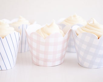 Cupcake Wrappers with Scallop Edge | Printable Download | Pink Gingham, Blue Gingham & Blue Stripe Watercolor | 0106