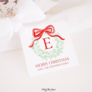 Red Bow Monogram Wreath Watercolor Christmas Gift Tag or Holiday Treat Tag | Red and Green Wreath | Watercolor Printable Label Download 2001