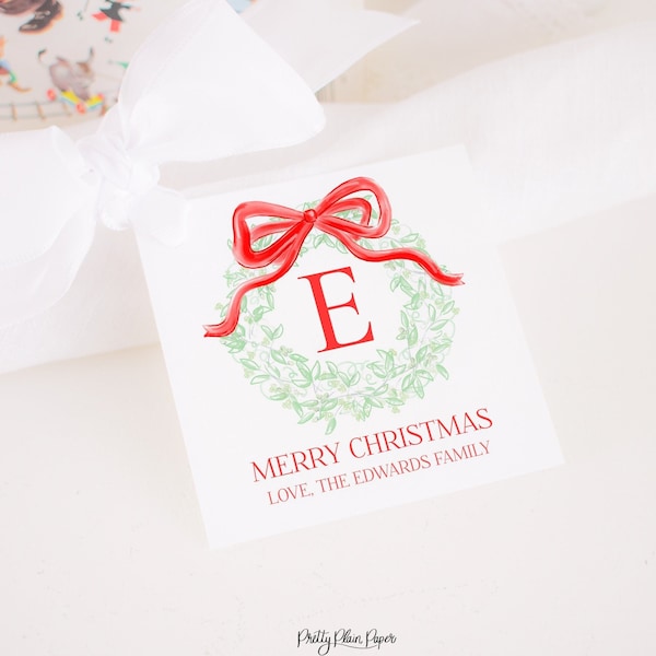 Red Bow Monogram Wreath Watercolor Christmas Gift Tag or Holiday Treat Tag | Red and Green Wreath | Watercolor Printable Label Download 2001