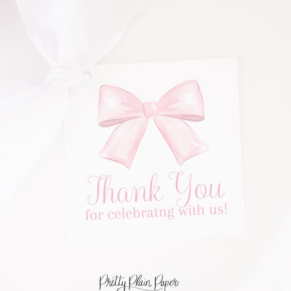 Watercolor Pink Bow Favor Tag | 3.5x3.5 Printable | Pink Bow Favor Tag | Pretty Pink Bow Gift Tag | Pink Bow Birthday Favors  1017 5007