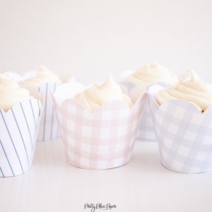 Cupcake Wrappers with Scallop Edge | Printable Download | Pink Gingham, Blue Gingham & Blue Stripe Watercolor | 0106