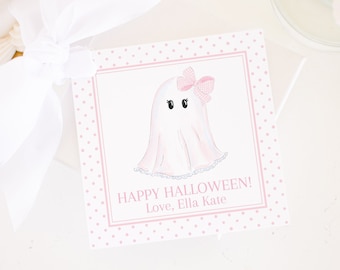 Watercolor Little Girl Ghost with Bow | 3.5x3.5 Printable | Watercolor Halloween Tag | Pink Gingham Ghost | Preppy | Grandmillennial | 1060