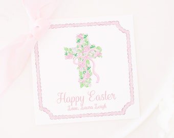 Easter Tag | Pink Bunny Crest with Bow | 3.5x3.5 Printable Download | Watercolor Happy Easter Gift Tag | Classmate | School Gift | 1022