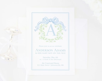 Watercolor Teddy Bear First Birthday Invitation | 5x7 | Initial Monogram Wreath with Blue Bow | Baby Boy | Bitty Dot or Blue Gingham | 20004