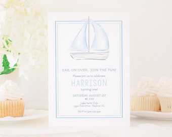 Aquarel zeilboot uitnodiging | Blauwe zeilbootfeest | Eenvoudige zeilboot verjaardagsfeestje uitnodigen | Eenvoudige klassieke nautische babyshower | 3006
