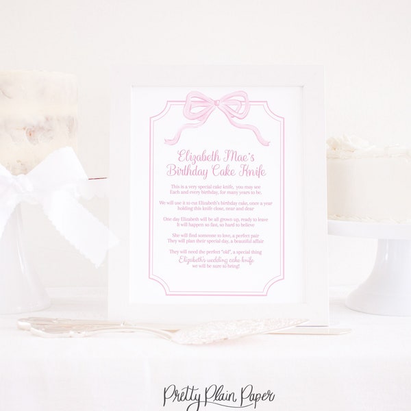 Watercolor Pink Bow 'My Birthday Cake Knife' Sign for 1st Birthday | 8x10 Printable | 1st First Birthday Cake Knife Poem Sign Download