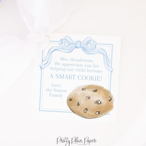 Teacher Appreciation Tag | 3.5''x3.5'' Printable | One Smart Cookie | Teacher Appreciation Gift Tag | for Boy | Blue Bow and Cookies | 1055