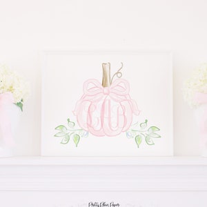 Monogram Pink Pumpkin with Bow Print | 8x10 or 16x20 Printable | Pink Pumpkin Birthday Artwork | Our Little Pumpkin Party | Baby Shower 1057