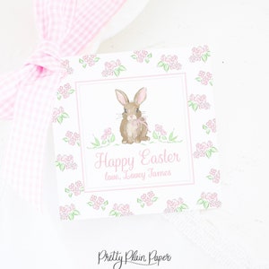 Osteranhänger | Brauner Hase mit rosa Blumen | 3.5x3.5 druckbare Download | Aquarell Frohe Ostern Geschenkanhänger | Mitschülerin | Schulgeschenk | 1022