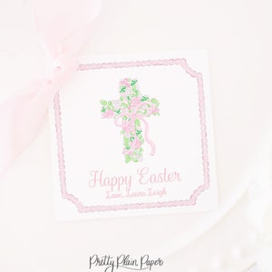 Easter Tag Pink Bunny Crest with Bow 3.5x3.5 Printable Download Watercolor Happy Easter Gift Tag Classmate School Gift 1022 image 1