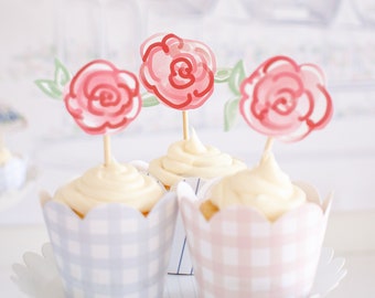 Red Rose Watercolor Printable Cupcake Toppers Download 0106
