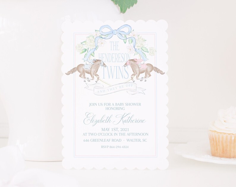Watercolor Boy Girl Twin Horse Racing Invitation Gender Neutral Baby Shower Birthday Invitation Kentucky Derby Printable 0106