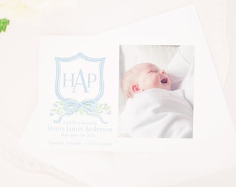 Birth Announcement Printable Card for Boy | 5x7 | Watercolor Blue Crest | Newborn Baby Announcement with Photo  | Monogram Crest | 20001