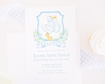 Watercolor Blue Stork Baby Shower Invitation Printable | 5x7 | Blue Stork Crest Invite | It's a Boy Stork Theme | Monogram Baby Boy | 20003