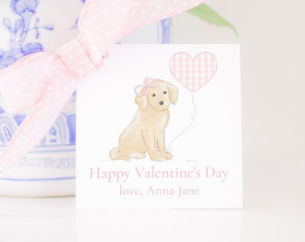 Puppy with Pink Bow and Gingham Heart Balloon Valentine Tag | Watercolor Printable Download | Puppy Valentine Tag School Valentine | 1021