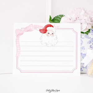 Roze Gingham Bow & Santa Claus Brief aan Santa Briefpapier voor kinderen met stippellijnen | Aquarel afdrukbaar | Kerstwensenlijst | 2001
