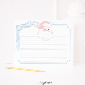 Brief an den Weihnachtsmann Printable Stationery | Blaues Vichykaro & Weihnachtsmann mit gepunkteten Linien | Aquarell Brief an den Weihnachtsmann | Weihnachtswunschliste 2001