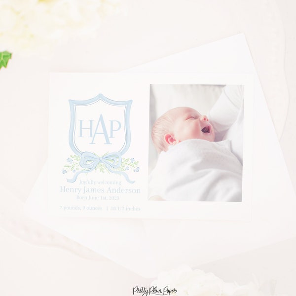 Birth Announcement Printable Card for Boy | 5x7 | Watercolor Blue Crest | Newborn Baby Announcement with Photo  | Monogram Crest | 20001