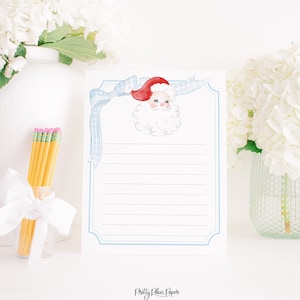 Blauw pastellint en rode kerstman | Gevoerd aquarel afdrukbaar briefpapier voor kinderen | Brief aan de Kerstman | Kerstverlanglijst 2001