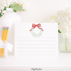 Brief aan de Kerstman briefpapier afdrukbaar | Krans met rode strik met stippellijnen | Aquarelpapier voor kinderen | Kerstwensenlijst | 2001