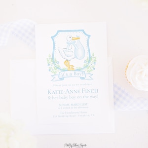 Watercolor Blue Stork Baby Shower Invitation Printable | 5x7 | Blue Stork Crest Invite | It&#39;s a Boy Stork Theme | Monogram Baby Boy | 20003