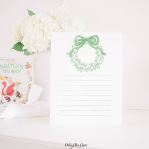 Krans met groene strik met lijnen | Aquarel briefpapier voor kinderen | Brief aan de Kerstman afdrukbaar gevoerd | Kerstwensenlijst | Downloaden | 2001
