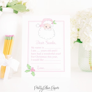 Pink Letter to Santa | 8.5x11 Printable | Watercolor Pink Santa Claus Wish List Template | Watercolor Letter with Pink Holly for Girl | 2001