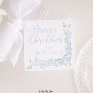 Blue Gingham Ribbon & Bow with Greenery Christmas Gift Tag or Holiday Treat Tag | Blue Bow Watercolor Printable Label Download | 2001