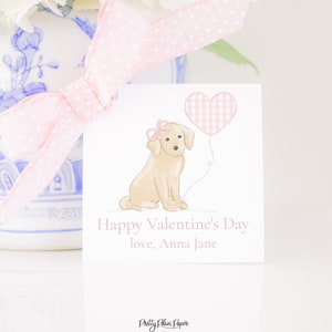 Puppy met roze strik en pastelhartballon Valentijnslabel | Aquarel afdrukbare download | Puppy Valentijn Tag School Valentijn | 1021