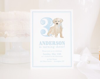 Watercolor Puppy Birthday Invitation | Puppy Third Birthday Invitation | Puppy Party for Boy | Puppy Invite 3rd Birthday | Blue White 1027