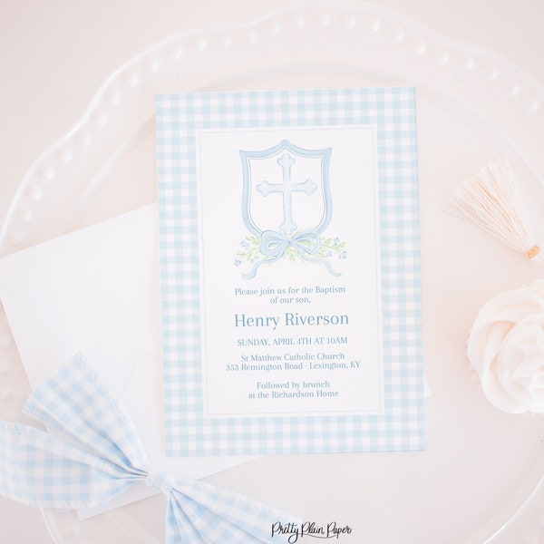 Watercolor Baptism Crest Invitation | Watercolor Blue Gingham Baptism Invitation | Cross & Bow | Traditional Baby Dedication | for Boy 3001