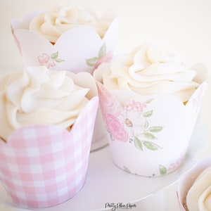 Pink Floral, Pink Roses & Gingham Cupcake Wrappers | Watercolor Printable Cupcake Wrapper Download 0106 | Watercolor Floral Birthday Party