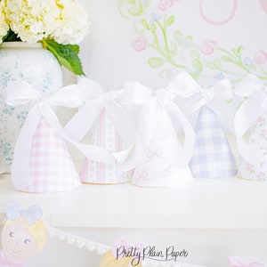 Pattern Party Hat Set | Printable Download | Watercolor Pink Bows, Gingham, Blue Floral Pattern | Dollhouse Peg Doll Birthday | 5012 5025