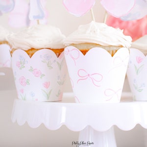Fairy Party Scallop Cupcake Wrappers | Printable Download | Watercolor Pink Bows | Pink Blue Floral Pattern | Fairies Birthday | 5008