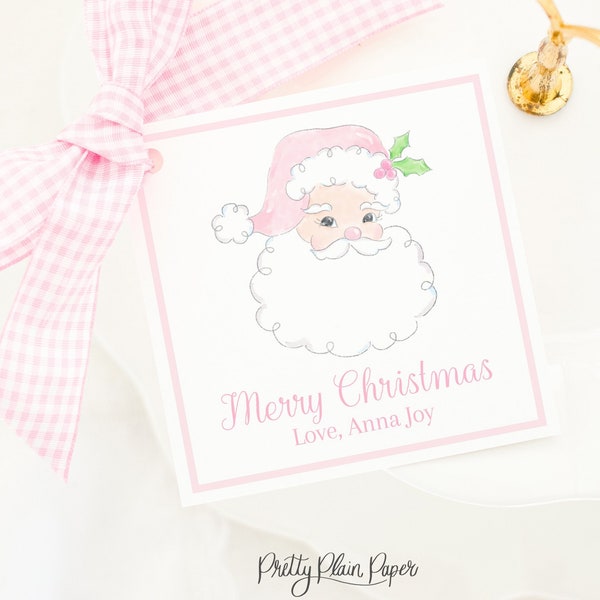 Pink Santa Tag | 3.5x3.5 Printable | Watercolor Christmas Tag | Santa Claus Label | From Santa Tag | Gift Tag in Pink for Girls | 2001
