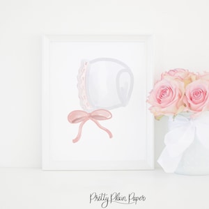 Watercolor Bonnet Artwork Print | 8x10 | Printable Download | Grandmillennial Nursery Artwork | Bonnet Bow Baby Girl 0102 1081 1074