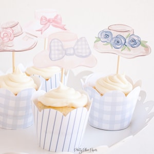 Chapeau fantaisie ou chapeau Derby Aquarelle Cupcake Toppers | Téléchargement imprimable | Fête d'anniversaire de fête de thé | Fête du Derby | Douche de bébé | 0106