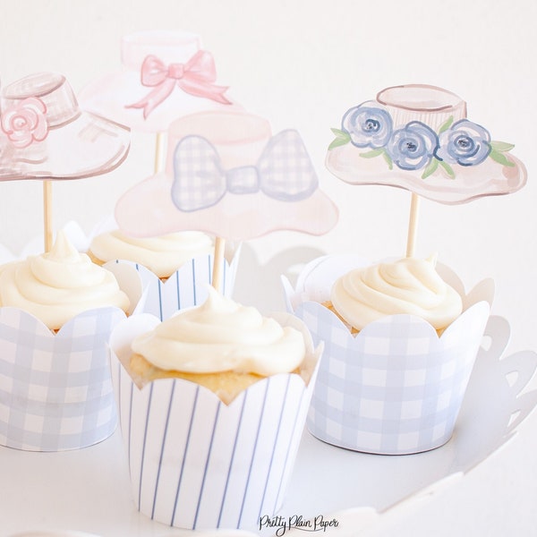 Fancy Hat of Derby Hat aquarel Cupcake Toppers | Afdrukbare download | Theekransje verjaardagsfeestje | Derby-feest | Babyshower | 0106