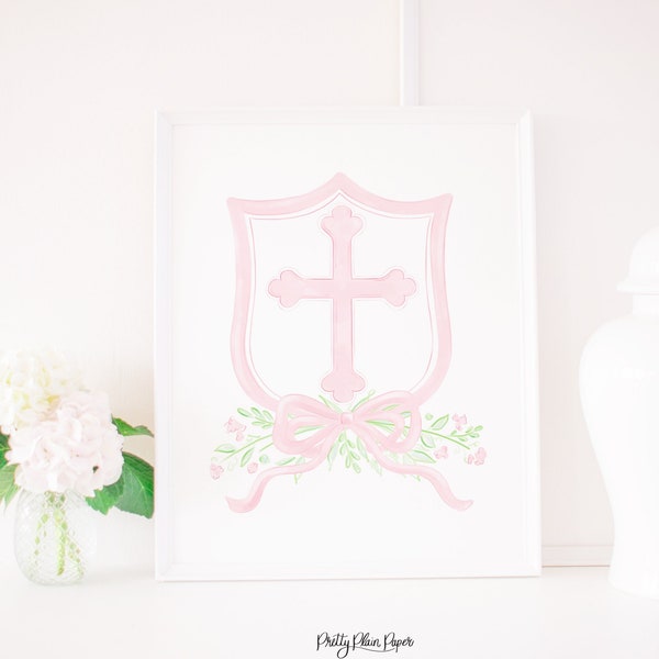 Watercolor Crest with Cross in Pink | 8x10 or 16x20 | Classic Traditional Pink & White Baptism Decoration | Print Art | Baby Dedication 5005