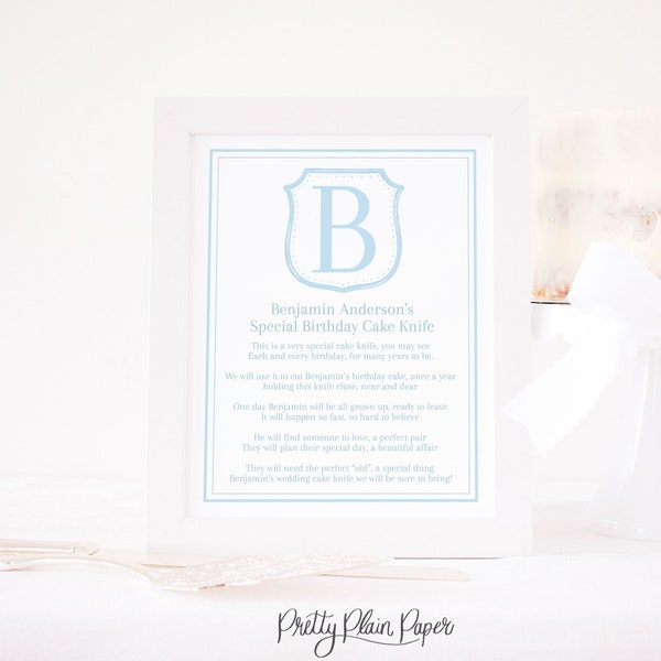 Monogram Crest 'My Birthday Cake Knife' Sign | 1st Birthday | 8x10 Printable | Blue First Birthday Cake Knife Poem for Boy Download