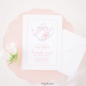 Watercolor Tea Party Invitation | Tea Party Invite | Chinoiserie Pattern | Pink & White Floral Tea Pot and Tea Cup Invitation with Bow  1068
