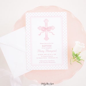 Watercolor Baptism Invitation | Pink Cross with Bow and Bitty Dot | First Communion | Baptism Invitation | Baby Dedication for Girl | 5005