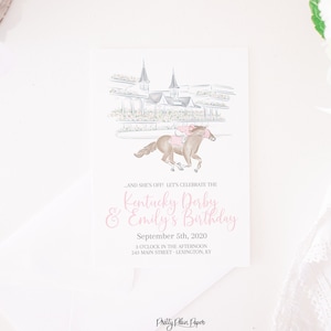 May include: A pink and white invitation card with a watercolor illustration of a horse racing at the Kentucky Derby. The text reads "And she's off! Let's celebrate the Kentucky Derby & Emily's Birthday September 5th, 2020 3 o'clock in the afternoon 243 Main Street Lexington, KY Pretty Plain Paper"