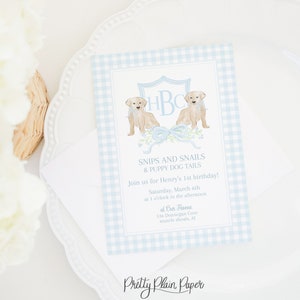 Watercolor Puppy Crest & Blue Gingham Invitation | 5x7 | Puppy Birthday Invite | Puppy Party for Boy | Puppy Invitation 1st Birthday | 1027