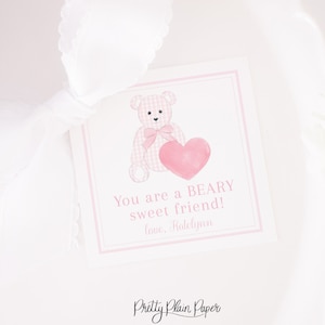 Tag dos namorados do urso de peluche cor-de-rosa & branco | 3,5 x 3,5 para impressão | Escola de etiqueta dos namorados do ursinho de pelúcia | Menina bebê | 1021